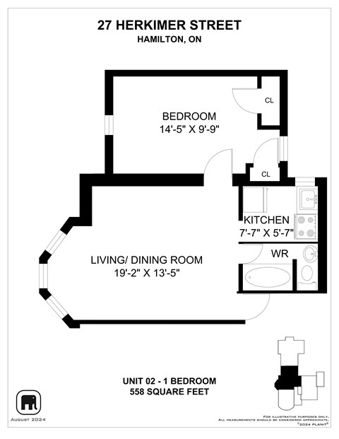 Floor plan for 1 bed, 1 bath